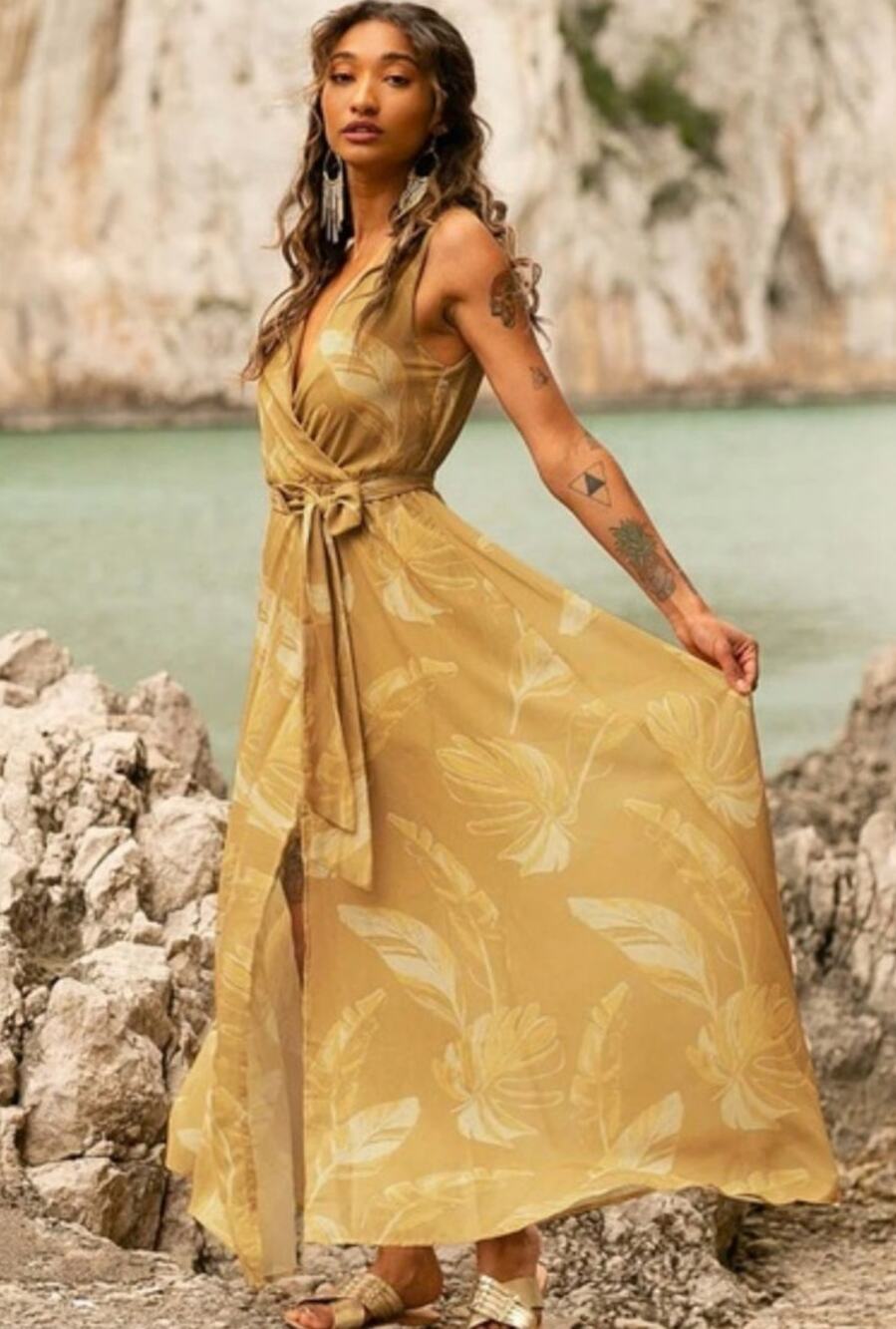 Joyfolie Mia Joy Mariam Dress in Palm Mustard, Maxi, Women's Size XS